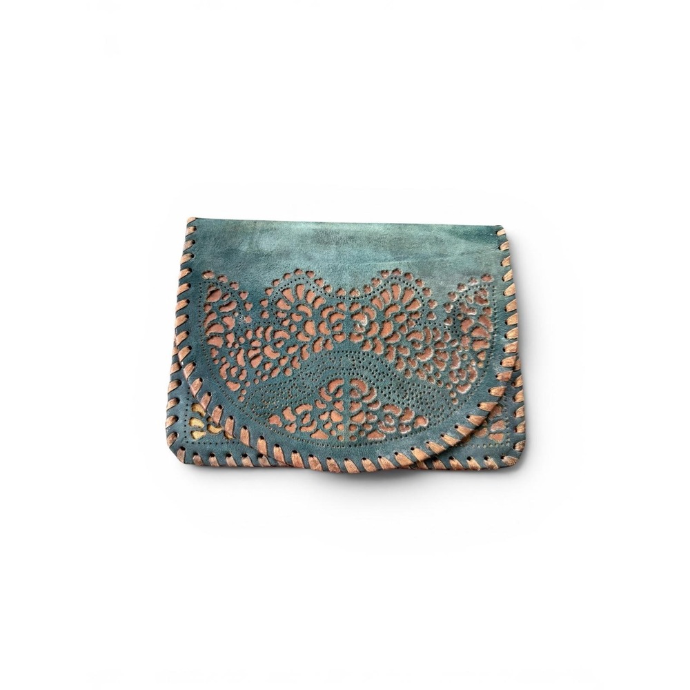 Vtg Ilde Vienna Vintage Teal Blue Suede Filigree Laser Cut Whipstitch Clutch Bag